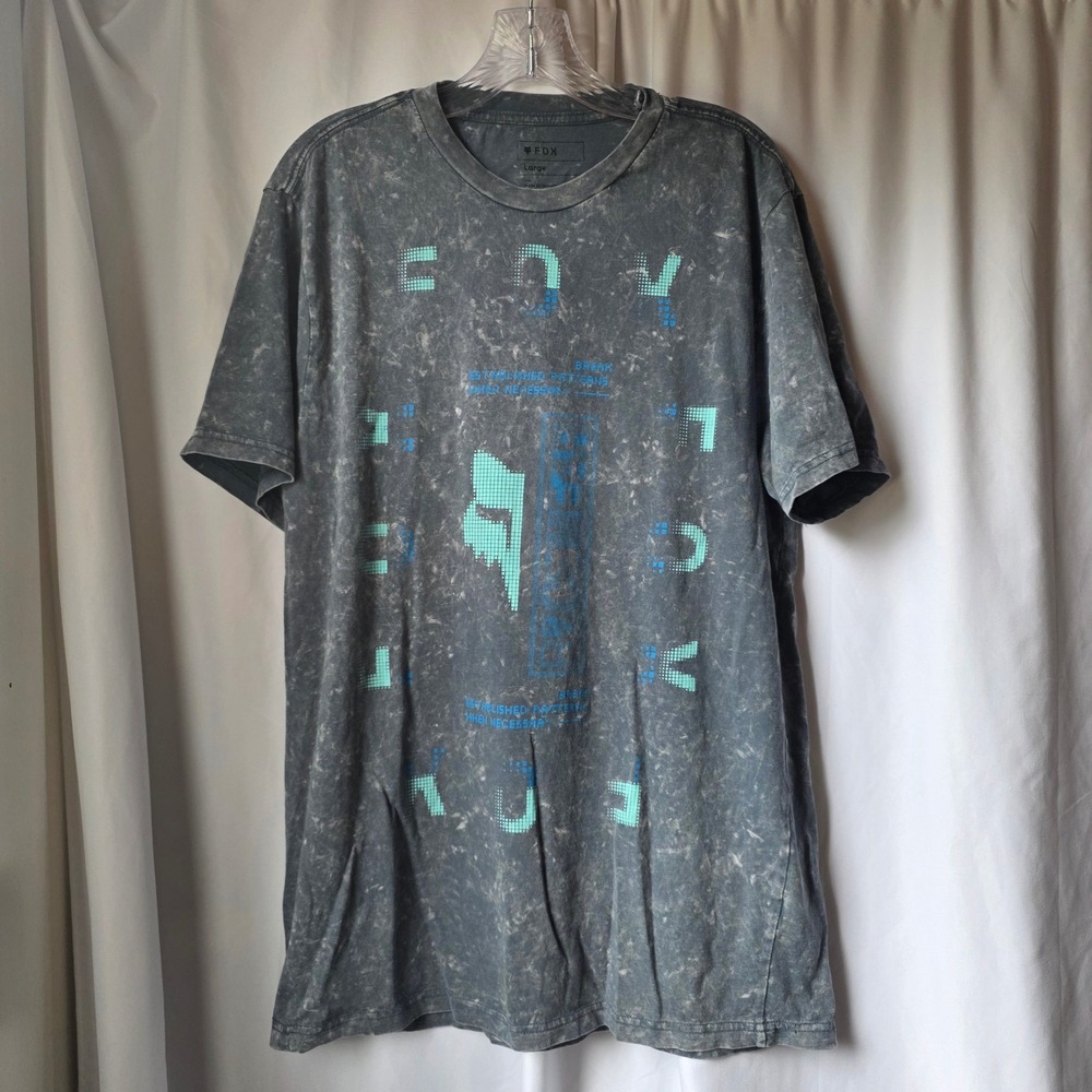Fox Racing Mens Gray Acid Wash Graphic T-Shirt Teal Logo Large